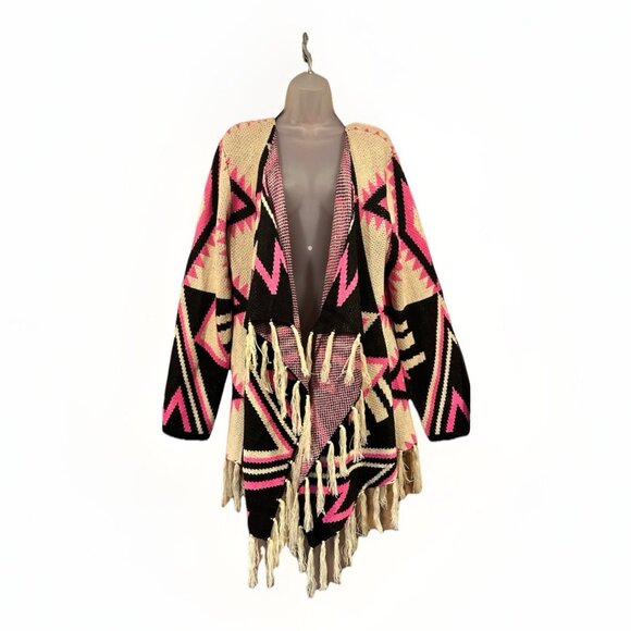 Anthropologie Knit Open Aztec Sweater Womens Size Large Fringe Pink/Black Boho - Picture 1 of 9